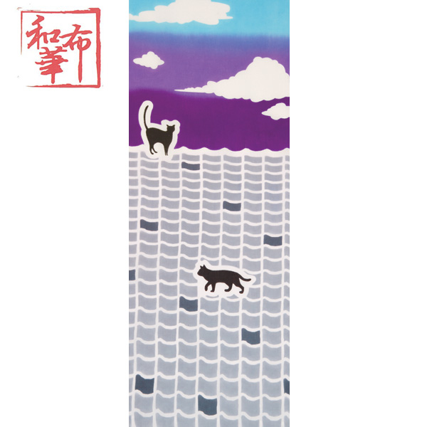 和布華手ぬぐい　瓦屋根にねこ
